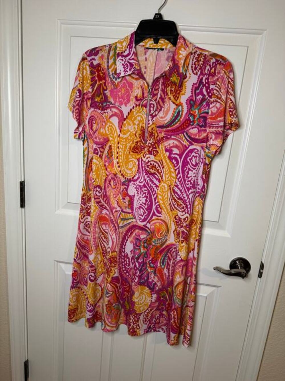 MSK Petite Paisley Quarter Zip Short Sleeve Swing Dress Hippie Pink Orange LP